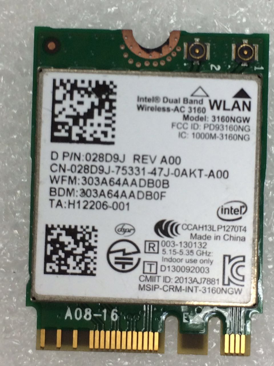 Intel Dual Band Wireless-AC 3160NGW AC3160 3160NGWAC D/PN:028D9J NGFF Wlan+BT4.0 433Mbps Wireless Card for DELL laptop