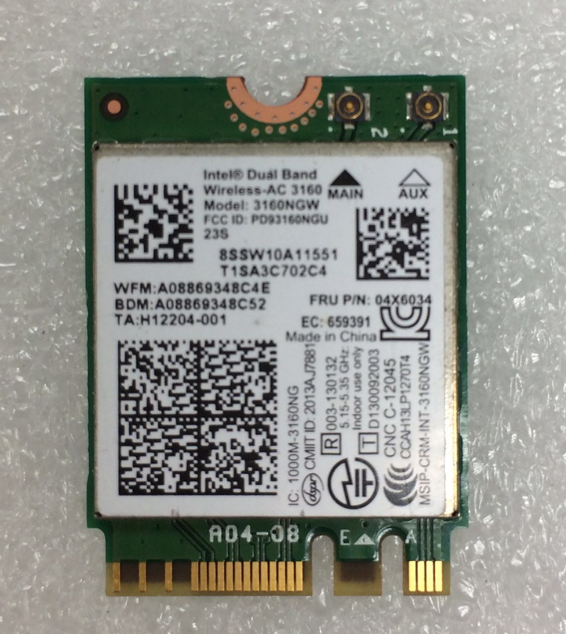 Intel Dual Band Wireless-AC 3160NGWAC AC3160 FRU:04X6034 04X6076 NGFF Wlan+BT4.0 Card for Lenovo Y40 Y50 E10-30 E455 E555