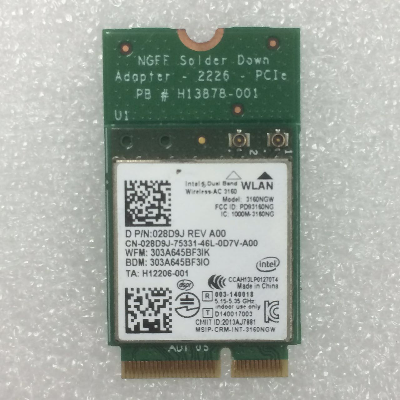 Intel Dual Band Wireless-AC 3160NGW 3160AC 3160NGWAC D/PN:028D9J FULL SIZE NGFF Wlan+BT4.0 433Mbps Wireless Card for DELL laptop