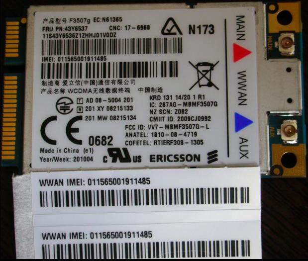 Ericsson F3507G 2G 3G HSDPA 7.2MB GSM GPRS GPS FRU:43Y6537 WWAN Wireless WLAN Card for Thinkpad X200T T400 W500